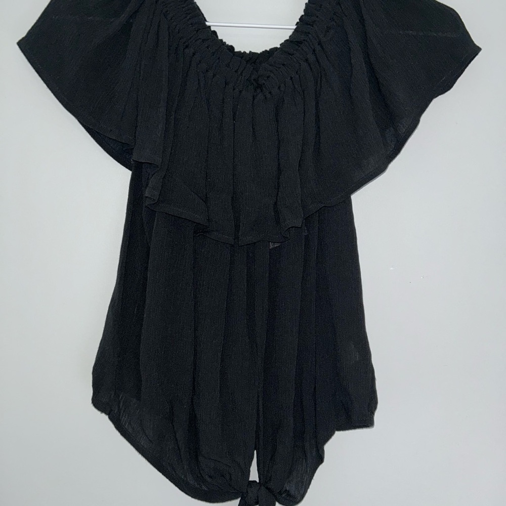 Express Black Flutter Sleeve Blouse with Ruffled Tie Front